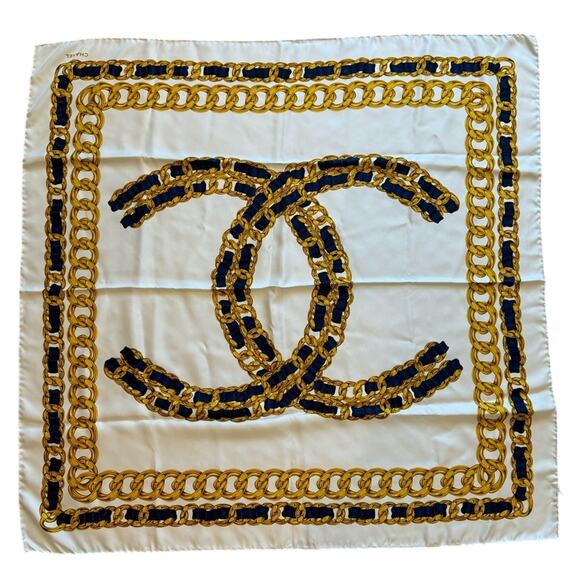 CHANEL Accessories - Chanel 100% Silk Scarf – Interlocking CC Logo – 34” x 34” – Neutrals